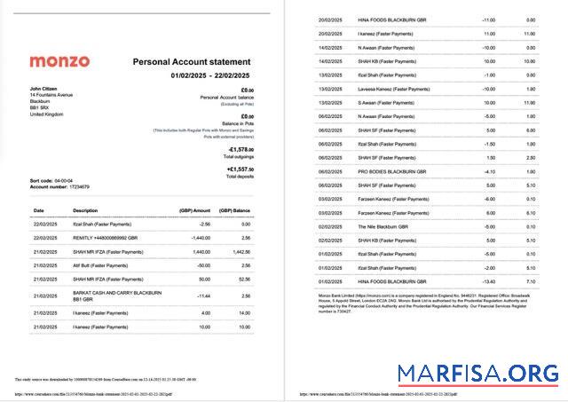Realistic UK Monzo bank account statement word 2 pages sample